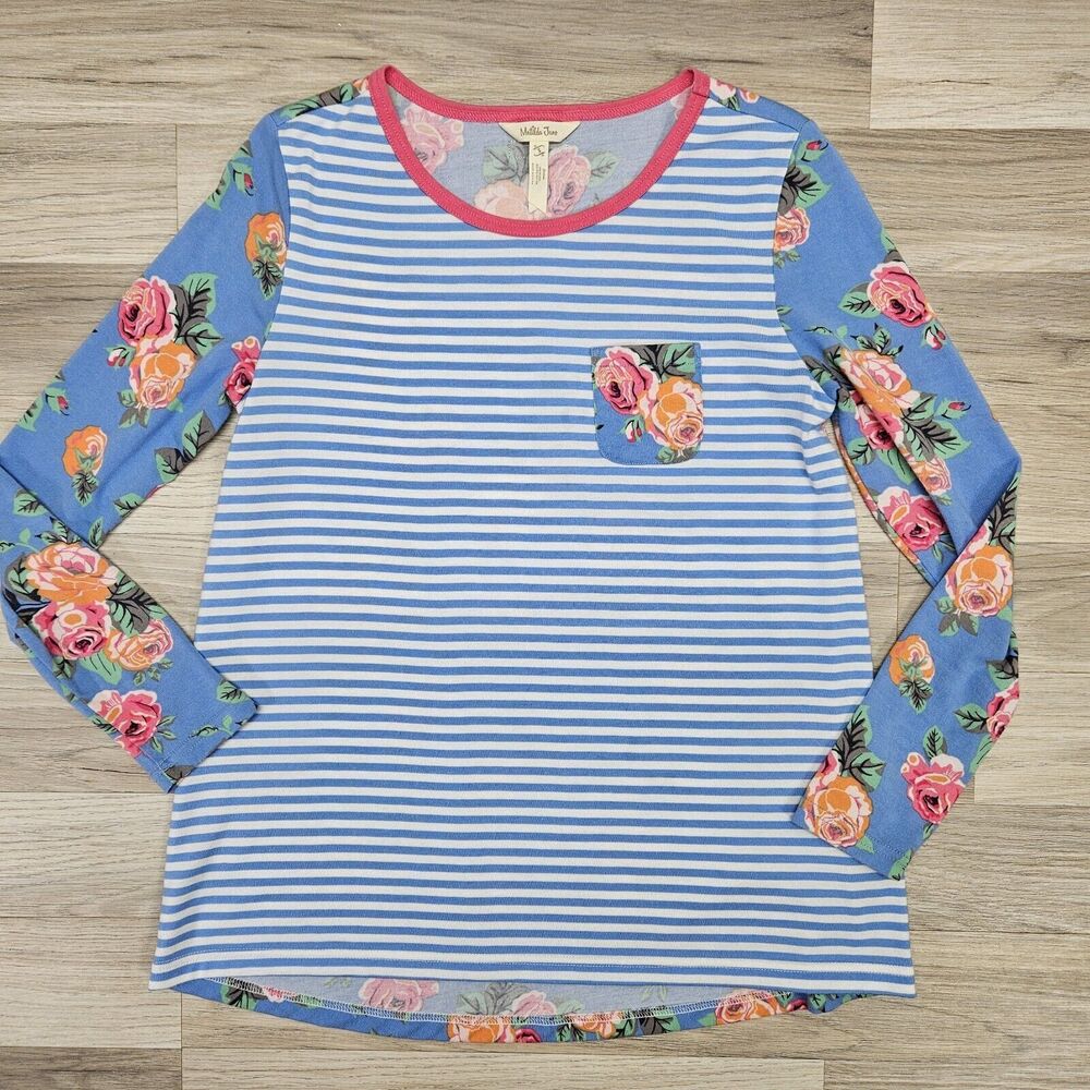 Matilda Jane Womens Blue Stripe Floral Rose Longsleeve Shirt Small